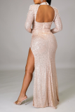 Apricot Sexy Hot Drilling Hollowed Out High Opening O Neck Evening Dress Dresses