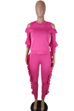 Rose Red Casual Solid Patchwork O Neck Long Sleeve Two Pieces
