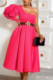 Red Fashion Casual Solid Without Belt Oblique Collar Dresses