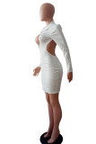 White Sexy Solid Hollowed Out Split Joint Backless Mandarin Collar Pencil Skirt Dresses