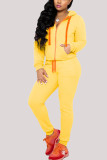 Yellow Sexy Casual Blends Solid Draw String Pocket Hooded Collar Long Sleeve Regular Sleeve Regular Two Pieces