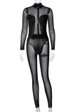 Black Sexy Patchwork Mesh Half A Turtleneck Skinny Jumpsuits