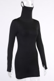Black Elegant Solid Split Joint Turtleneck Pencil Skirt Dresses