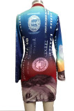 Blue Sexy Print Patchwork O Neck Pencil Skirt Dresses