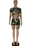 Camouflage Fashion Sexy adult Ma'am Camouflage Burn-out Two Piece Suits pencil Short Sleeve Two Pieces