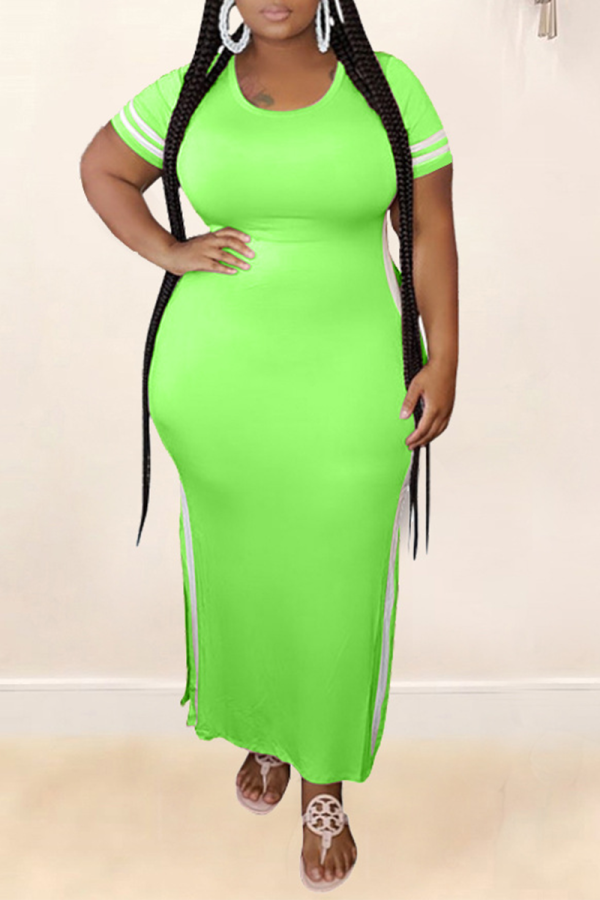Fluorescent Green Fashion Casual O Neck Patchwork Plus Size