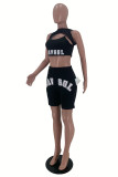 Black Fashion Casual Letter Print Hollowed Out O Neck Sleeveless Three-piece Set