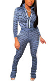 Blue Fashion adult Ma'am Lightly cooked Patchwork Print Two Piece Suits Straight Long Sleeve Two Pieces