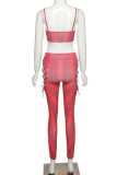 Red Fashion Sexy Print Hollowed Out Strap Design Spaghetti Strap Sleeveless Two Pieces