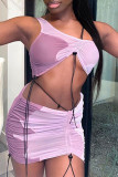 Purple Fashion Sexy Print Draw String See-through Oblique Collar Sleeveless Two Pieces