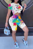 White Fashion Casual Print Basic O Neck Short Sleeve Two Pieces
