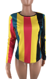Multi-color Polyester O Neck Long Sleeve Patchwork Striped Print Long Sleeve Tops
