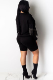 Black Polyester Casual Solid pencil Long Sleeve Two-Piece Short Set