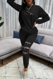 Pink Fashion Casual Adult Polyester Solid Split Joint O Neck Long Sleeve Regular Sleeve Regular Two Pieces