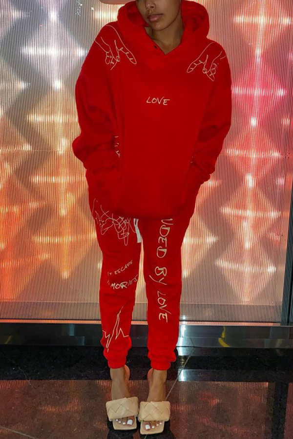 Red Street Sportswear Print Hooded Collar Long Sleeve Two Pieces