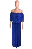 Blue Fashion Casual adult Sexy Off The Shoulder One word collar Pleated Floor-Length Solid Drap