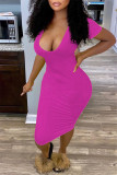 Red Fashion Sexy Solid Basic V Neck Short Sleeve Dress