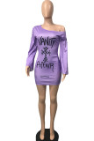 purple Fashion Street Adult Print Letter Oblique Collar Long Sleeve Mini Printed Dress Dresses