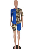 Blue Polyester Fashion Sexy adult Ma'am Leopard Letter Patchwork Print contrast color Two Piece Suits pencil Short Sleeve Two Pieces