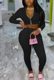 Pink Fashion Casual Adult Polyester Solid Split Joint O Neck Long Sleeve Regular Sleeve Short Two Pieces