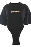 Black Casual Letter Printing O Neck Tops
