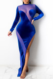 Red Fashion Sexy Patchwork Solid See-through Slit O Neck Long Sleeve Dresses