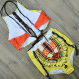 Yellow Fashion Sexy Print Backless Strap Design Swimwears
