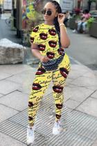 Yellow Polyester Fashion Casual asymmetrical Two Piece Suits Letter Lips Print Regular Short Sleeve Two-pi