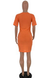 Orange Polyester Fashion Casual adult Ma'am White Black Orange Sky Blue Cap Sleeve Short Sleeves O neck Step Skirt Knee-Length Solid Dresses