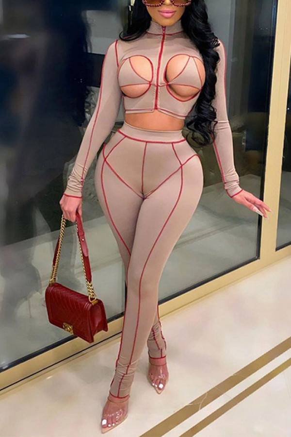 Pink Sexy Solid Hollowed Out Patchwork Mandarin Collar Long Sleeve Two Pieces