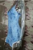 Deep Blue Fashion Sexy Solid Tassel Split Joint V Neck Sling Dress