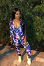 Multi-color Sexy Print Tie-dyed Polyester Three Quarter O Neck Jumpsuits