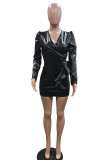 Black Fashion Casual Solid Basic V Neck Long Sleeve Dresses