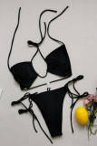 Black Fashion Sexy Print Solid Hollowed Out Backless Strap Design Swimwears
