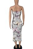 White Sexy Print Patchwork Strapless Pencil Skirt Dresses