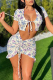 Purple Fashion Sexy Print Strap Design O Neck Short Sleeve Two Pieces
