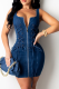The cowboy blue Sexy Solid Draw String Zipper Spaghetti Strap Pencil Skirt Dresses