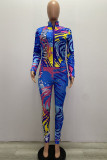Peacock blue Fashion Casual adult Ma'am Patchwork Print Two Piece Suits pencil Long Sleeve Two Pieces