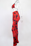 Red Sexy Animal Print Patchwork Spaghetti Strap Sleeveless Two Pieces