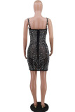Black Fashion Sexy Party Polyester Rhinestone Solid Bead tube V Neck Sleeveless Knee Length A Line Dresses