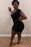 Black Sexy Fashion Tank Sleeveless V Neck Hip skirt Mini Patchwork tassel Solid Club Dresses