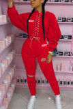 Red Fashion Casual Letter Solid Ripped Embroidered Bandage Letter Strap Design O Neck Long Sleeve Regular Sleeve Regular Two Pieces
