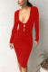 Red Sexy Solid Hollowed Out V Neck Wrapped Skirt Dresses