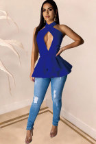 Blue Polyester Halter Sleeveless Patchwork HOLLOWED OUT Tees & T-shirts