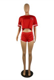 Red Casual Sportswear Embroidery Patchwork Short Sleeve Two Pieces