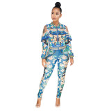 Green Elastic Fly Mid Print pencil Pants Two-piece suit SMR39633