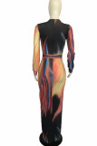 colour Fashion Casual Adult Milk Fiber Print Patchwork V Neck Long Sleeve Floor Length Printed Dress Dresses