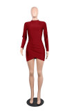 Wine Red Polyester Long Sleeve Mid Solid Hip skirt shorts