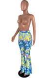 Blue Casual Print Mid Waist Speaker Bottoms