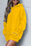 Yellow Fashion Casual Sportswear Blends Patchwork Solid Split Joint Draw String Hooded Collar Long Sleeve Mini Straight Dresses